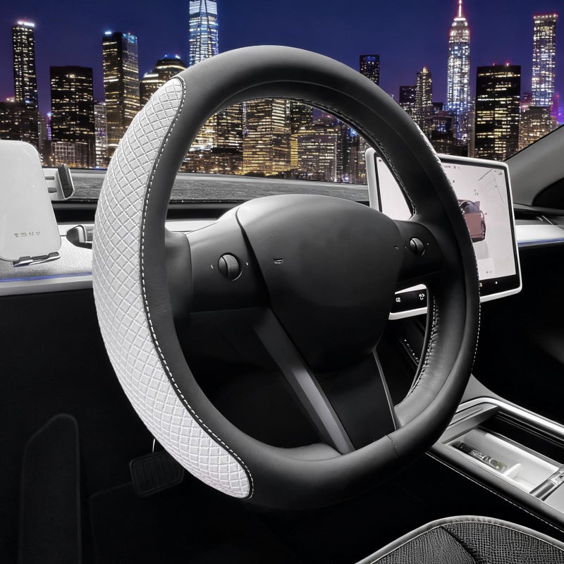 SEG Direct Flat Bottom Steering Wheel Cover D Shaped Car Wheel Cover 14 1215 in 3739 cm Black White Embossed Microfiber Leather